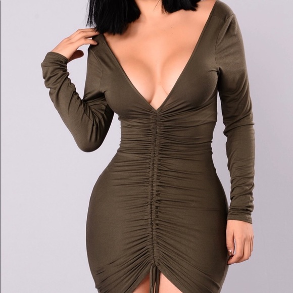 Olive Ruched Dress - Picture 2 of 4
